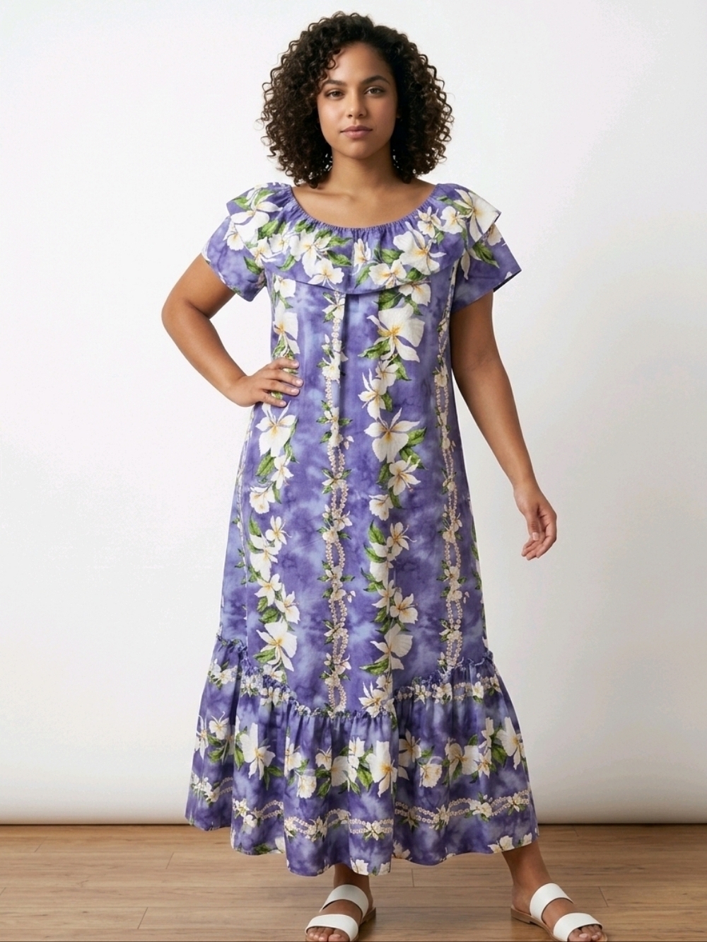 NWOT Vtg JADE FASHIONS PURPLE FLORAL LEI ELASTIC NECKLINE LONG HAWAIIAN DRESS Sz